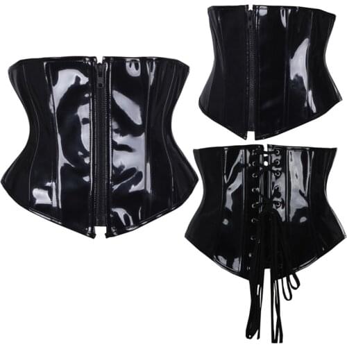 Fashion PVC Zipper Waist Trainer Corsets Top Black Fancy Bondage Bustiers Boned Lace Up Steampunk Underbust Cincher S-2XL
