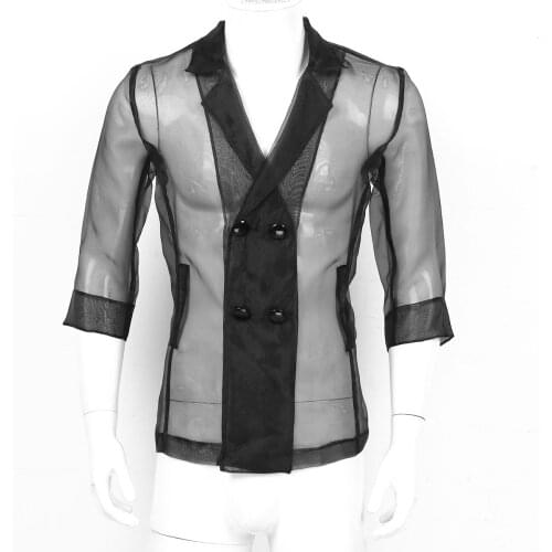 Mens Fashion Lapel Collar 3/4 Sleeves See Through Sheer Shirt Tops Double-Breasted Transparent Coat for Party Nightclub Outfits