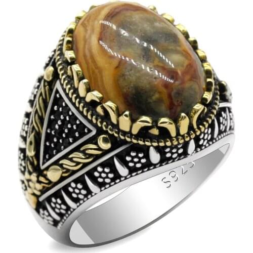 Classic Oval Natural crazy Agate Stone 925 Silver Mens And Womens Fashion Ring Jewelry Turkish Punk Trend Cocktail Party Ring