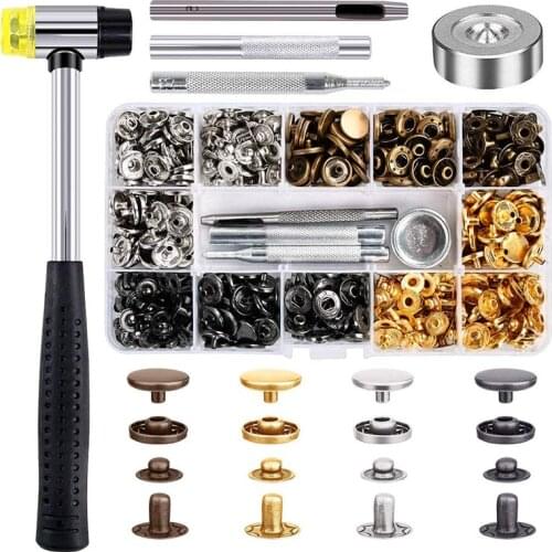 120 Set Snap Fasteners Kit for Leather 12.5mm Metal Button Snaps Press Studs with 4 Setter Tools, 1 Hammer, 4 Color Leather Snap