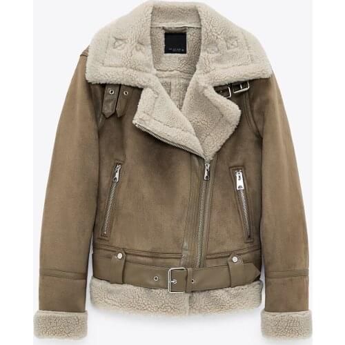 2020 new womens wear thick warm winter retro suede lambs wool motorcycle jacket belt leisure loose man-made leather jackets