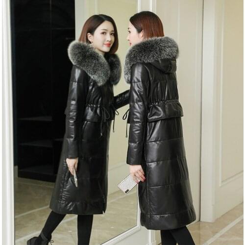 2020 New Winter Genuine Leather Jacket Women Long Sheepskin Coat Fox Fur Collar Hooded Womens Down Jackets CF19-2305 KJ3425