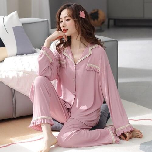 New Pijama Mujer Elegant Modal Cotton Pajama Sets Lapel Fashion Spring Sleepwear Home Clothing Large Size Pyjamas Female M-3XL