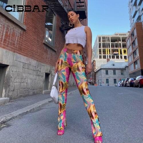 CIBBAR Autumn New Elastic High Waist Split Long Pants Women Casual Streetwear Aesthetic Printing Vintage Hipster Skinny Trousers