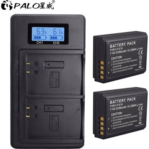 PALO 2pcs LP-E10 LP E10 Camera Battery for Canon 1100D 1200D 4000D Kiss X50 X70+LCD USB Dual LPE10 battery Charger