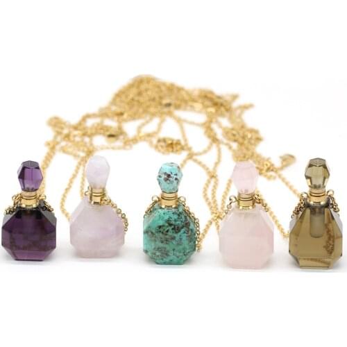 Natural Perfume Bottle Crystal Stone Pendant Necklace Jades Rose Quartzs Essential Oil Diffuser Charm Copper Chain Jewelry