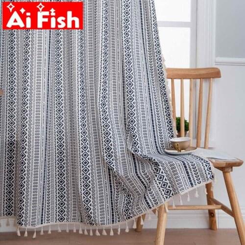 Curtain Finished Cotton and Linen Printing Bedroom Panels American Country Black Geometric Tassels Bohemian Kitchen Curtains #40