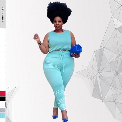 Women Pure Color Leisure Round Collar Lace-up Tops Tight Pants Sports Plus Size Two Piece Suit 4xl 5xl Wholesale Dropshipping