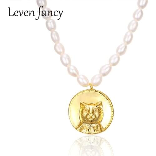 18K Gold Over 925 Sterling Silver Cat Necklace Natural White Freshwater Pearl Beaded Necklaces for Women Pendant Medal Necklace