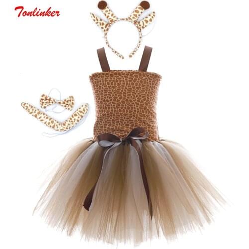 3PC Brown Deer Girl Tutu Dress With Tail Headband Christmas Costume New Year Elk Outfit Children Ballet Tulle Princess Dresses
