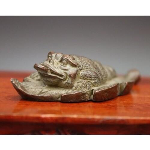8 CM Chinese red Copper auspicious Wealth Fengshui Animal Money toad Leaf Statue