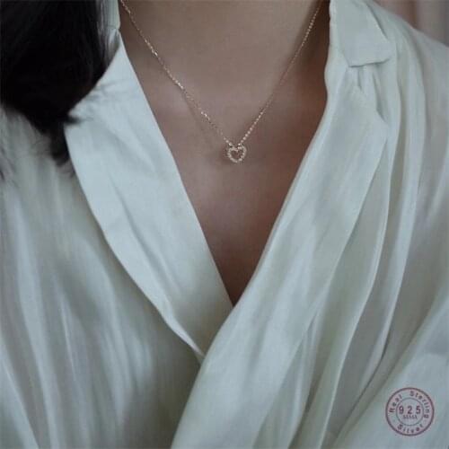 925 Sterling Silver Simple Zircon Heart Pendant Clavicle Chain Necklace Women Kpop Classic Fashion 14k Real Gold Trend Jewelry