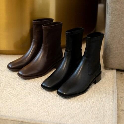 Square Toe Short Boots Women Leather Low Heel Brown Black Boots Spring/Autumn Fashion Comfortable Ankle Cowboy Boots for Women