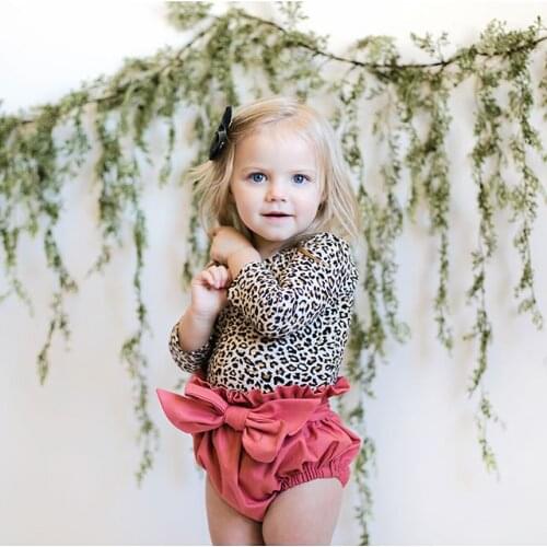 Kids Clothing Fall Spring Toddler Baby Girls Leopard Printed Long Sleeve Rompers Tops+Bowknot High Waist PP Shorts Clothes Set
