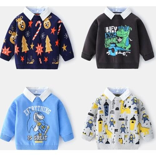 Children Clothes Winter New Toddler Boy Sweater Christmas Sweater Kids Turn-down Collar Cartoon Pattern Baby Pullover Tops
