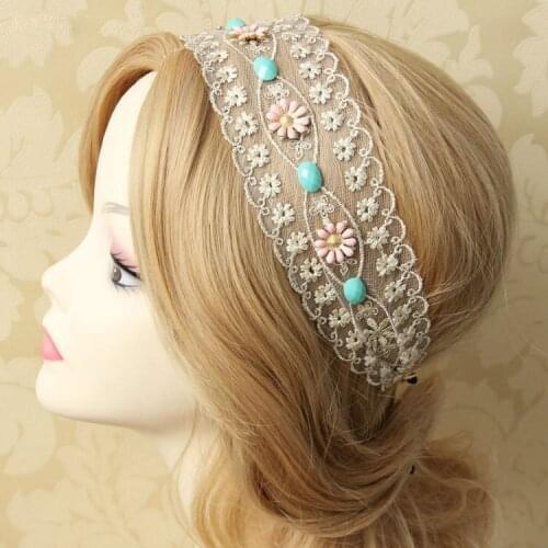 Handmade Elastic Headband for Women Girl Chunky Stone Flower Filigree Lace Bungee Hair Band Headwrap Boho Party Dance Holiday
