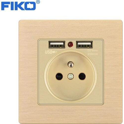 FIKO 16A FR standard Dual USB Gold Aluminum alloy panel 16A EU standard ,86*86mm power socket with USB power socket
