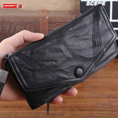 Goatskin Catwalk Wallets Mens Leather Long Snap Wallets Men Card Holder Clutch Bag Sheepskin Coin Purse Vintage Genuine Leather