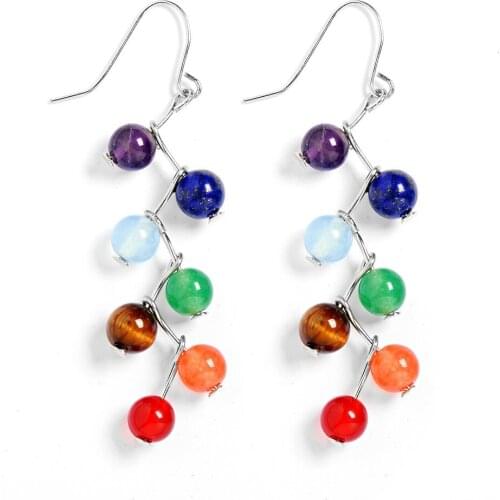 Hot Sale Round Beads Seven kinds of Natural Stone Rainbow 7 Chakra Drop Earrings Yoga Healing Stone Earring