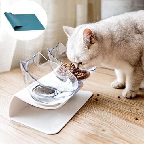 Pet Bowls Dog Bowl 15 Degree Elevated Cat Food Bowls with Silicone Pet Mat Double Raised Cat Transparent Plastic Bowl with Stand