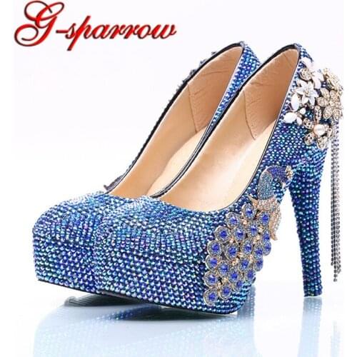 Fashion Royal Blue Rhinestone Wedding Shoes Phoenix Blue AB Crystal Gorgeous Bridal Dress Shoes Graduate Farewell Ceremony Pumps