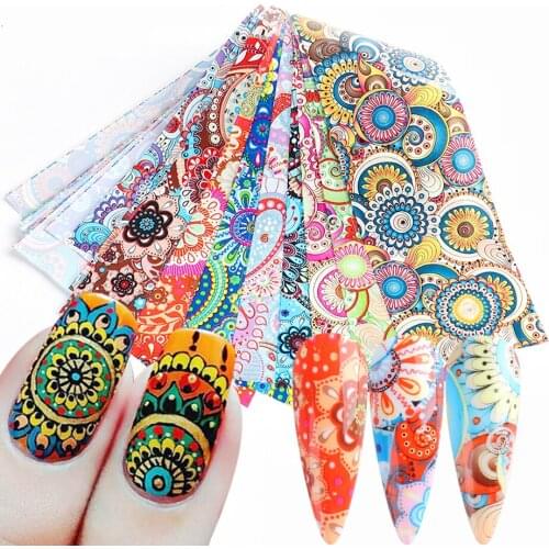 10pcs Mandala Flowers Nail Stickers Sliders For Nails Full Wraps Transfer Foils Nail Art Decoration Manicure Decals NFXK1028