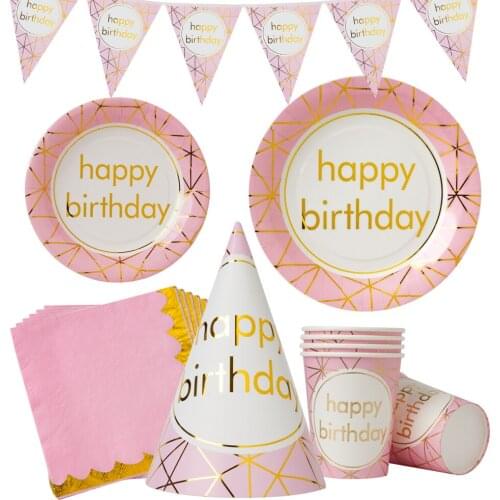 Happy Birthday Rose Bronzing Disposable Tableware Pennant Flag Girl Holiday Party Decoration Children Party Supplies Accessories