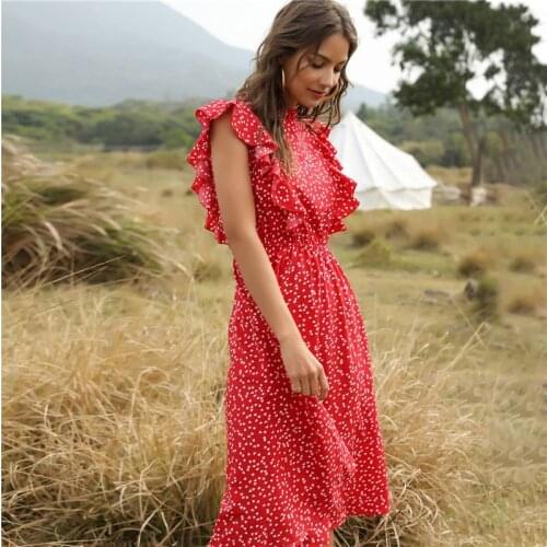Summer Ladies Elegant Heart Dot Print Dress Women 2021 New Butterfly Sleeve Ruffles Medium Long Vacation Dress Blue Black Red