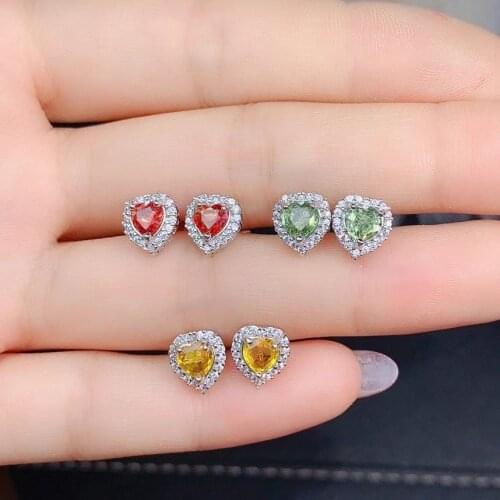 Romantic heart natural green yellow red sapphire stud earrings Natural gemstone earrings S925 silver women party gift jewelry