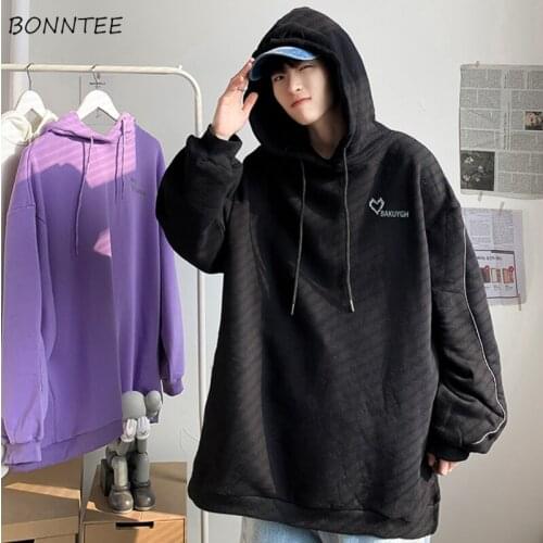 With Hat Hoodies Men Velvet Thicken Loose Plus Size M-3XL Heart Embroidered Letter Reflective Article Chic Males Sweatshirts