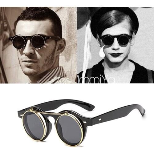 Metal Flip Cover Sunglasses Women Brand Designer Retro Round Steampunk steam punk Fashion Sun glasses okulary zonnebril dames