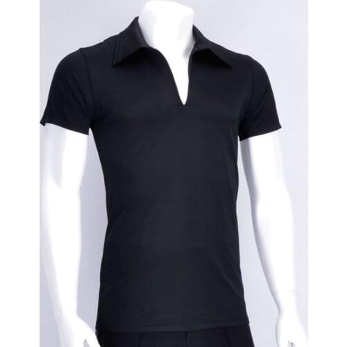 2020 Latin Dancing Top Male Professional Dancewear Black Color Short Sleeve V-neck Tops Competition Adult Ballroom Shirt 3898