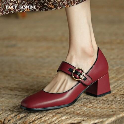Mary Jane High Heels Pumps Women Shoes Metal Decoration Shoes Woman Genuine Leather Wedding Office Lady Shoes for Women 2021 New