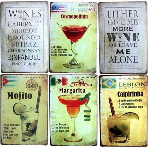 Wine Sign Metal Plaque Vintage Cocktail Mojito Poster Cafe Decoration Pub Retro Wall Plate Decorative Home Decor 20x30cm