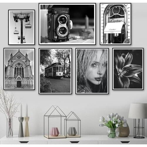 Camera Woman Flower Vintage Black White Wall Art Canvas Painting Nordic Posters And Prints Wall Pictures For Living Room Decor
