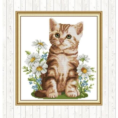 Cat and Flowers Needlework DIY Cross Stitch Embroidery DIY Handmade Home Decor Chinese Cross Stitch Kits Printed Kits Printed