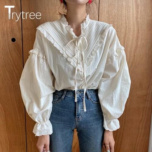 Trytree 2021 Spring Summer Women Blouse Casual Lace Ruffle Butterfly Sleeve Cotton Blends Solid Shirt Office Lady Tops For Women