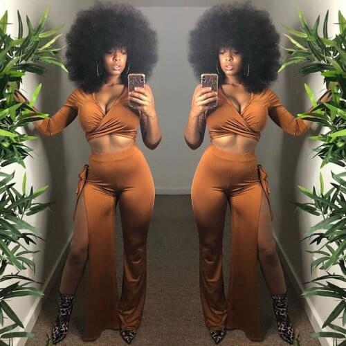 BKLD 2 Pieces Woman Sets V Neck Top Half Sleeve Cropped Tops High Slit Long Pants Bodycon Set Womens Clothing Sets Two Pieces