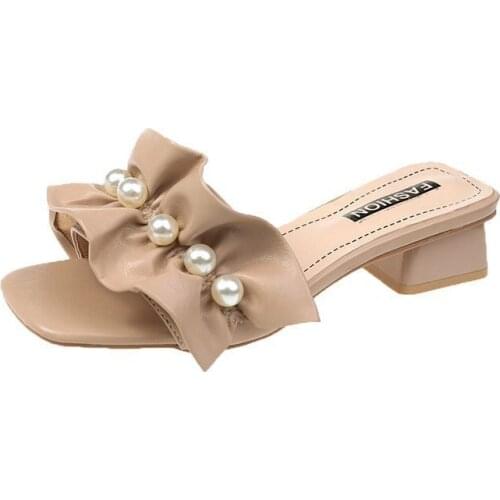 Womens Slippers for Summer 2021 New Fashion Lace Pearl Thick High-heeled Sandals