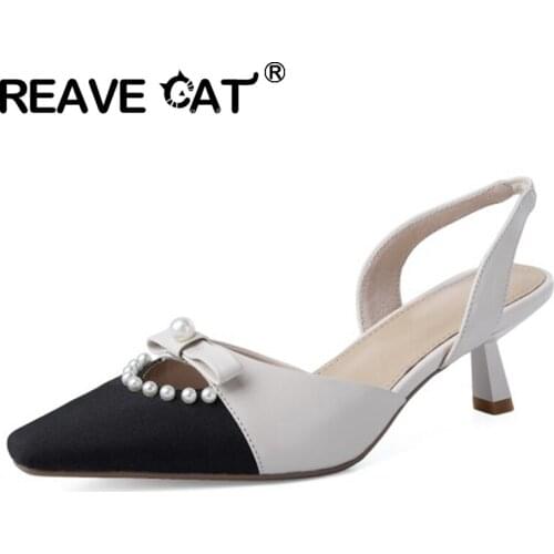 REAVE CAT 2021 Patchwork Pumps Beading Bowtie Pointed Toe Elastic Band Back Strap Slingbacks 5cm Strange Heel US11 Brown A4313