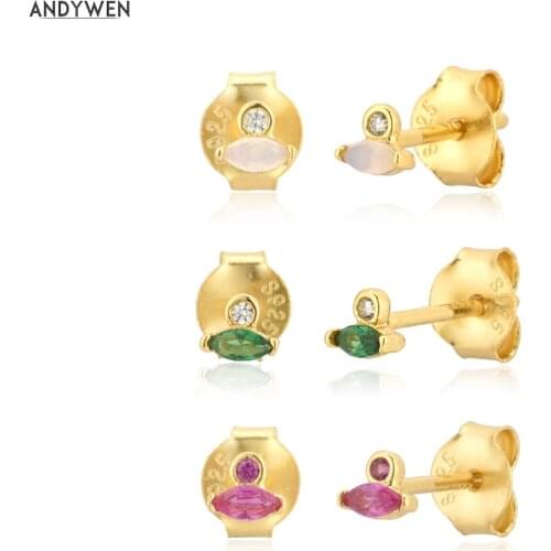 ANDYWEN 925 Sterling Silver Small Eye Opal Green Rose Red Stud Earring Women Fashion Mini Piercing Rock Punk Wedding Jewels