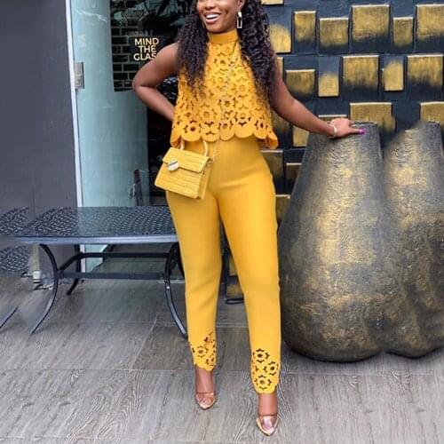 Pants Sets for Women 2021 Formal Office Temperament Commuter Hollow Out Sleeveless Tops & Trousers Outfits 2 Piece Matching Sets