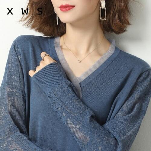 Autumn oversized sweater women fashion lace patchwork long sleeve v neck button kint female jumper office pullover top