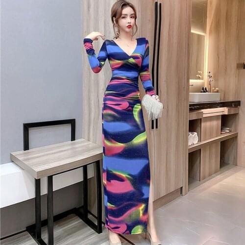 Fashion Korean Vintage V-Neck Long Sleeve Long Dress Women OL Elegant Streetwear Casual Print Bodycon Skinny Female Split Dress