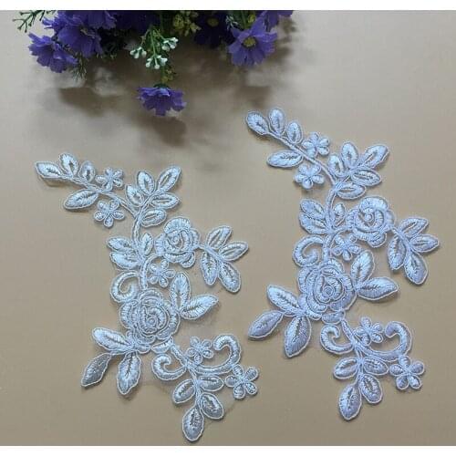 1Pair Lace Applique Ivory White Floral Lace Trim Wedding Fabric For Costume Dress Decor Sewing Appliqued DIY Crafts