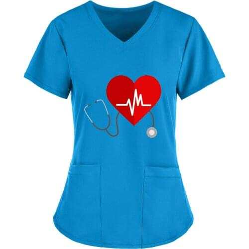 40# Women T-shirts Kawaii Short Sleeve V-neck Tops Working Uniform Heart Printing Pocket Pullover T-shirt Kasacks Tops Футболки