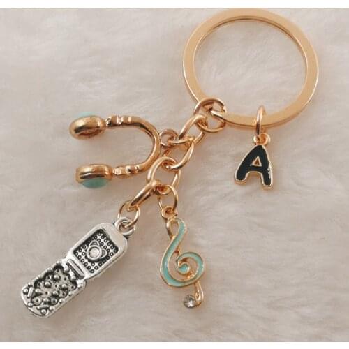 A-Z letter keychain phone headset keychain music note key ring gift mens womens jewelry accessories