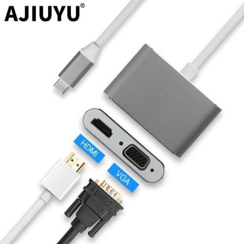 AJIUYU USB C to HDMI VGA HUB Type-C Adapter Dock For MacBook Pro/Air USB-C 3.1 Multi Port USB 3.0 Splitter Connect TV projector