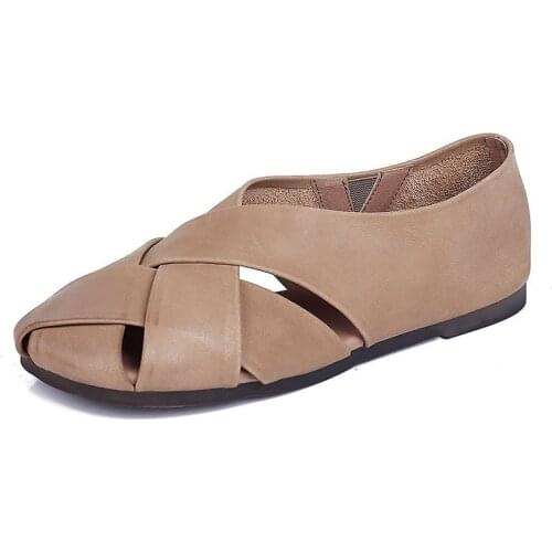 Summer woman sandals Genuine Leather Slip On Flat Toe Round Toe Soft bottom cloth Cutout Retro Wedge Low Heels Shoes