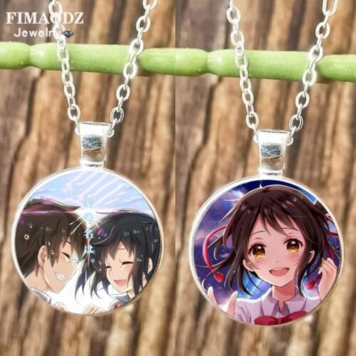 FIMAODZ Your Name Necklace Kimi No Na Wa Figure Art Poster Glass Cabochon Pendant Silver Chain Necklaces Anime Jewelry